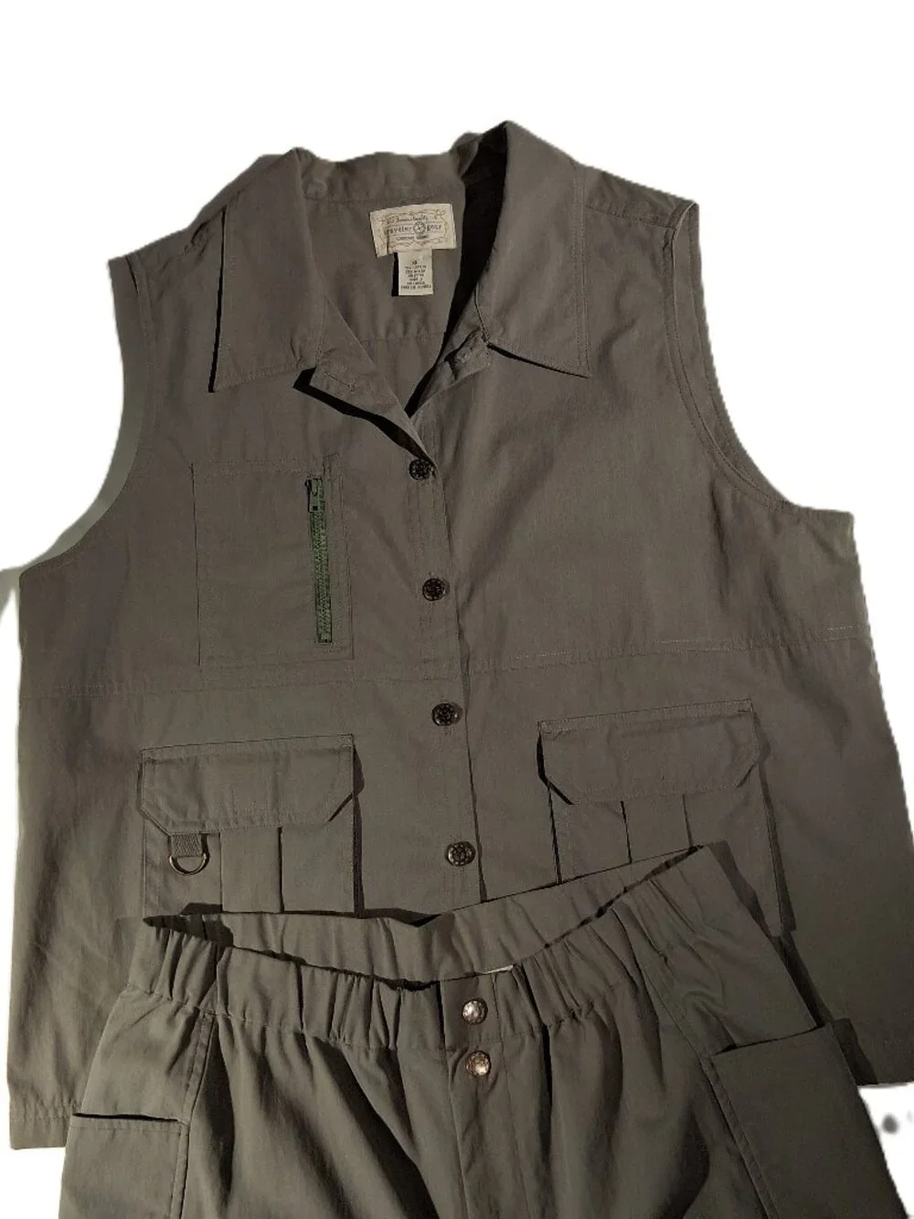 CHEROKEE Traveler Gear Safari Vest & Pants Set  2pc  sz XL 14  Olive Green  VGC